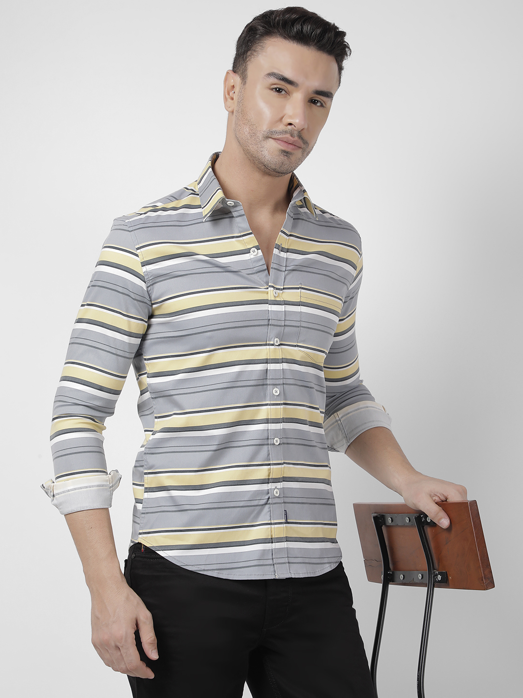 Numero Uno Men Grey Stripes Slim Fit Shirt